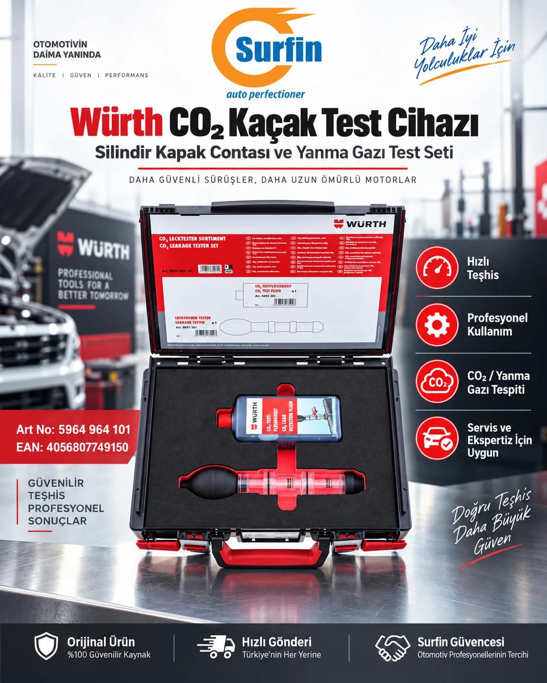 Würth CO₂ kaçak test cihazı seti 5964 964 101 silindir kapak contası test kiti