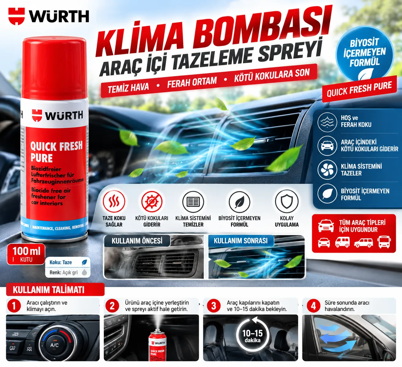 Würth Quick Fresh Pure Klima Bombası Araç İçi Tazeleme Spreyi 100 ML 0893764652