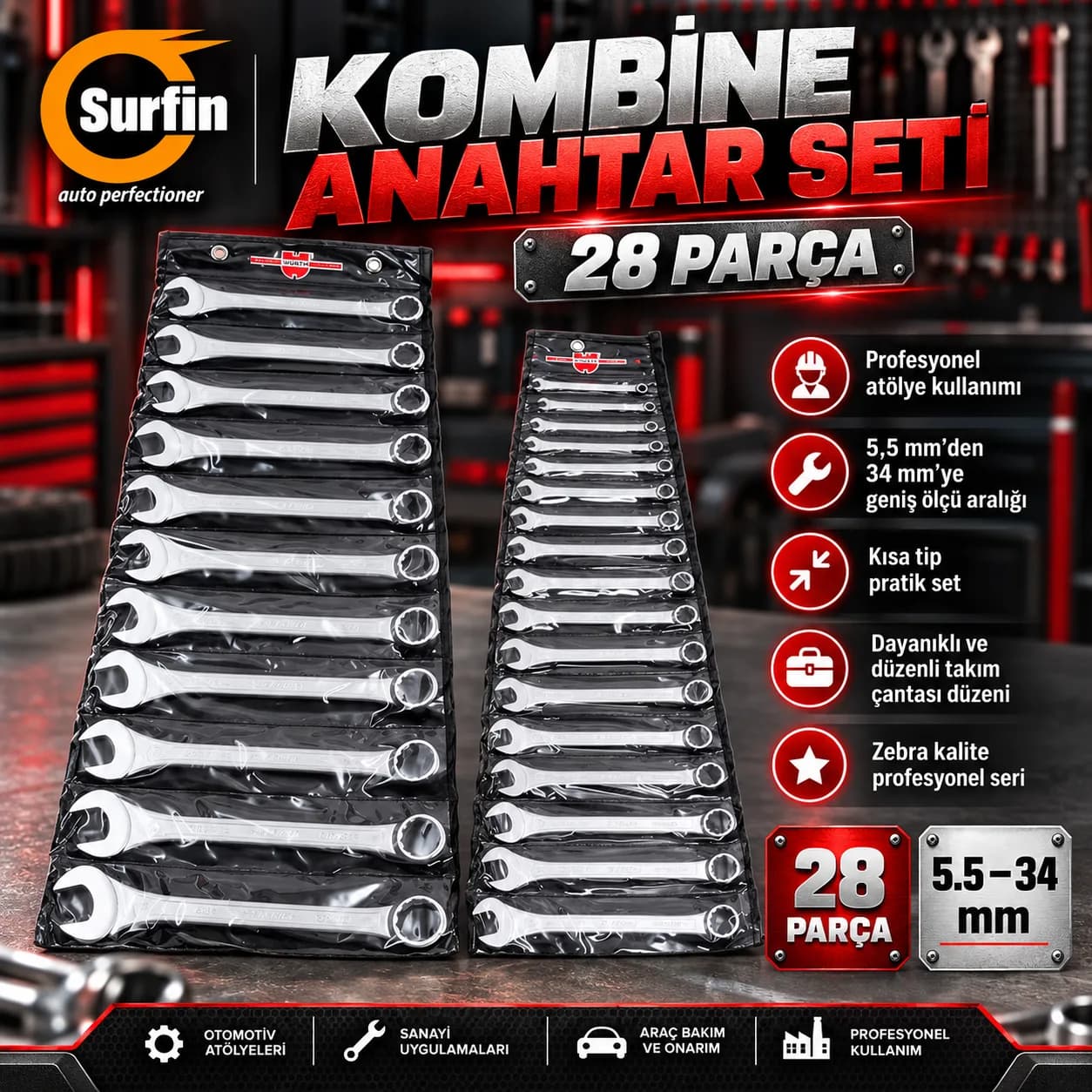 Würth ZEBRA Kısa Kombine Anahtar Seti 28 Parça 5,5-34 mm 071330142 ana görsel
